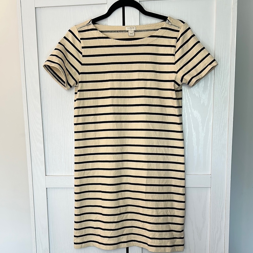 J.‎ Crew Factory Nautical Beige and Black Striped T-Shirt Dress w/ Zipper Detail